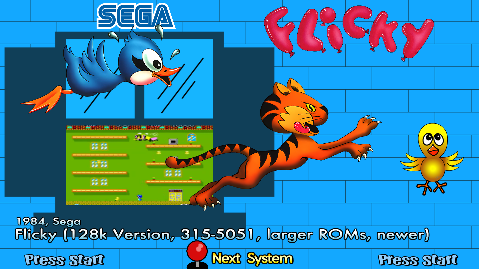 Flicky (128k Version,315-5051, largerr Roms, newer), 1984, Sega