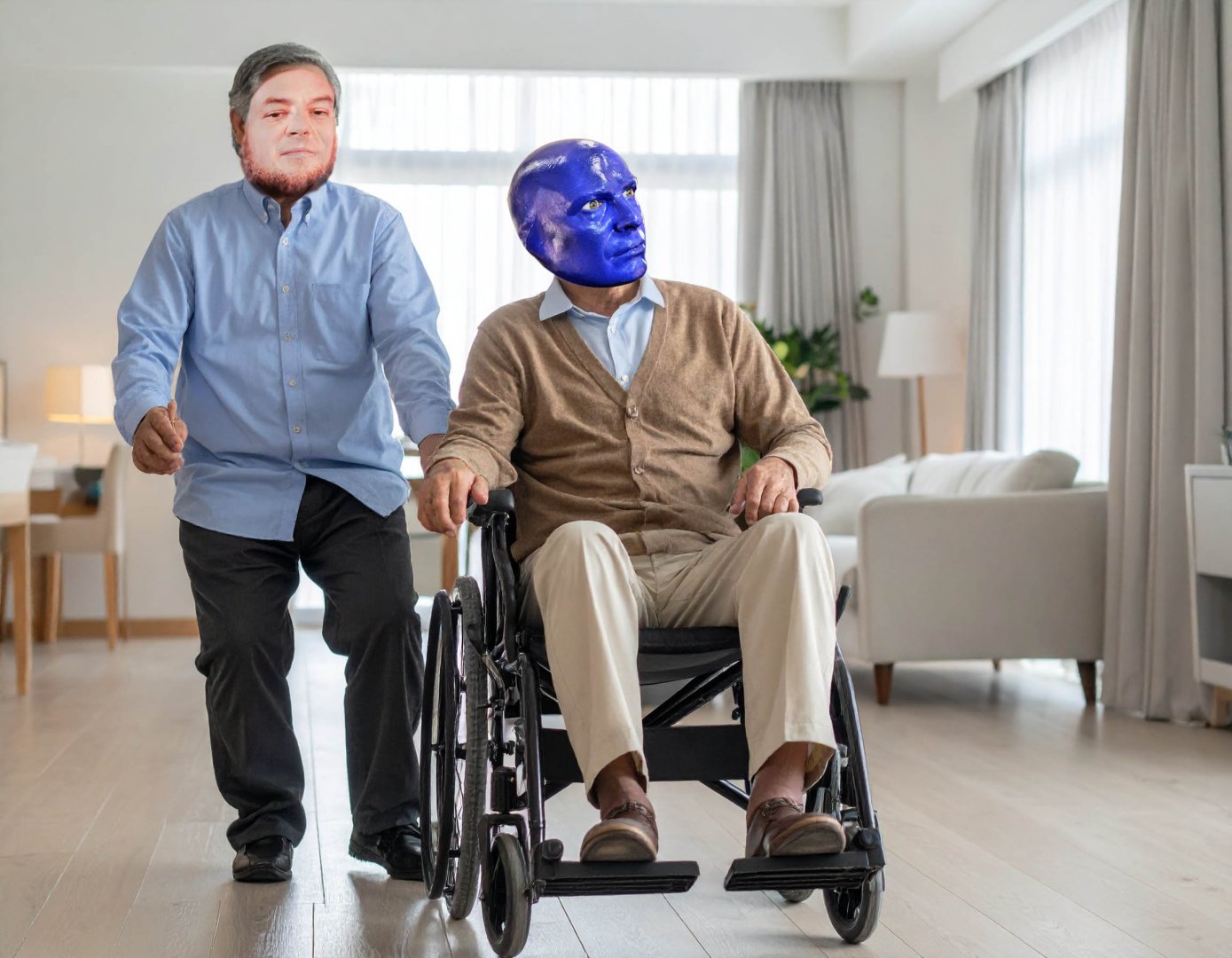 Firefly_elderly -blue man group- members in retirement home in wheelchair 282373.jpg